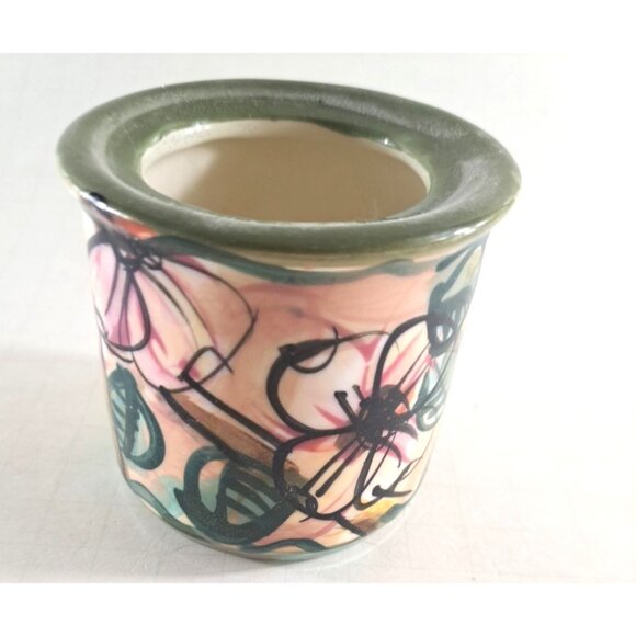 Kelly Jo Pottery Sugar Bowl Pink Green Hand Painted W Lid Floral Cactus - Picture 5 of 6